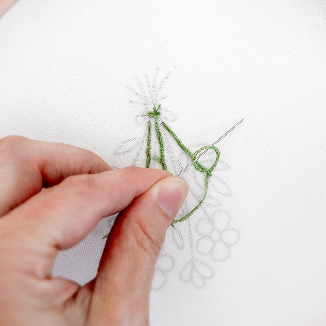 A needle goes in a loop in the backing of a floral design.