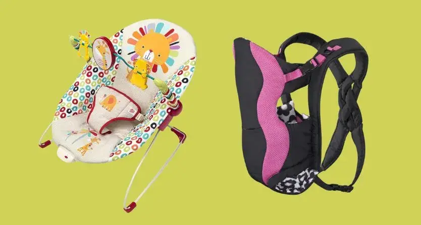 Baby products including a vibrating bouncer and breathable carrier displayed on a vibrant green background.