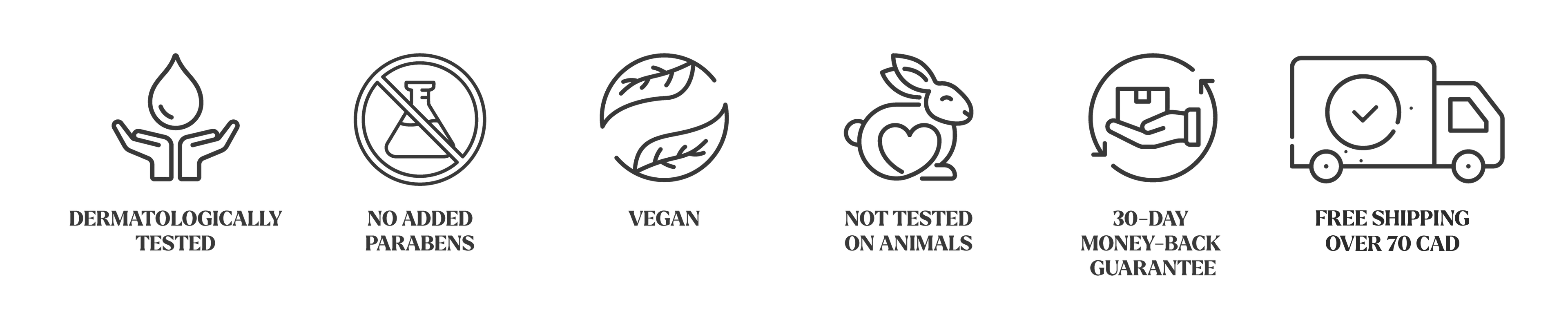 icons 1dermatologically tested | no added parabens |vegan| not tested on animals | 30 day money back guarantee | free shipping