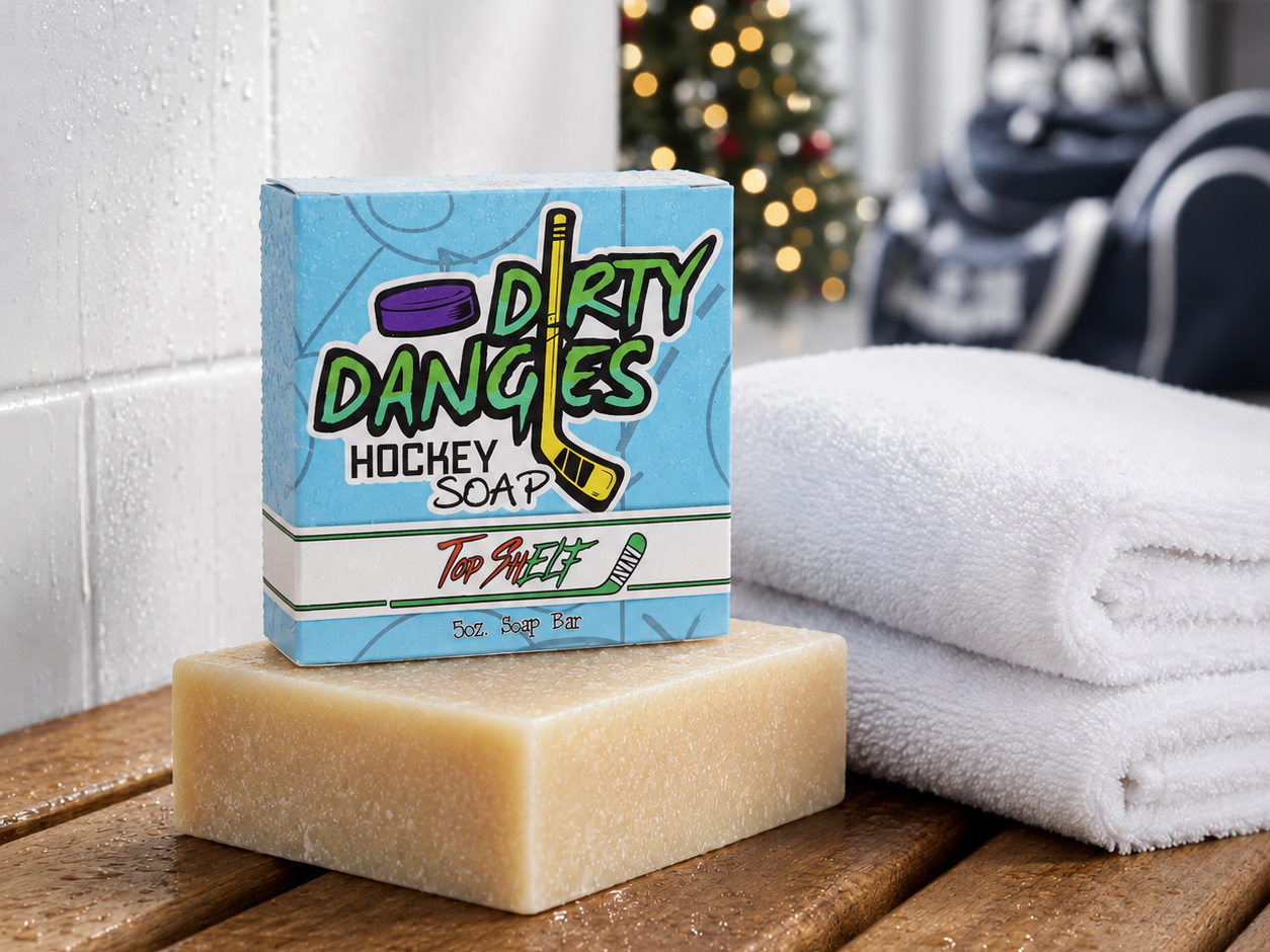 top shelf oatmeal spice christmas hockey soap in a clean locker room with christmas decorations and hockey gear