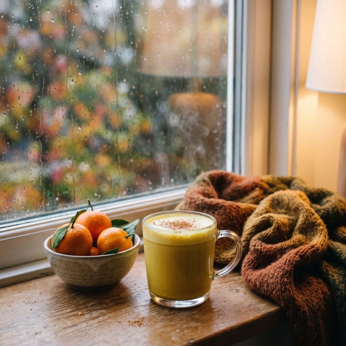 Golden astragalus latte by a rainy window