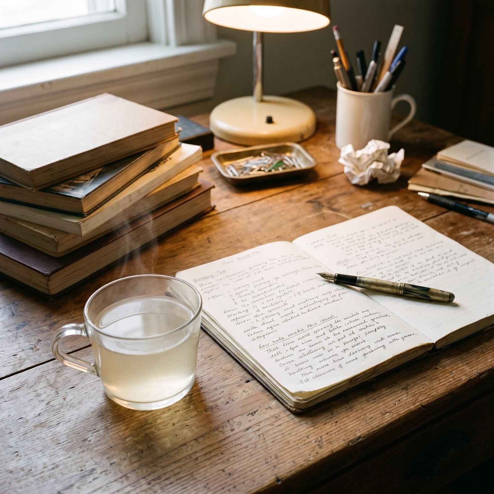 Cup of pale ginseng tea beside an open notebook and books on a wooden desk