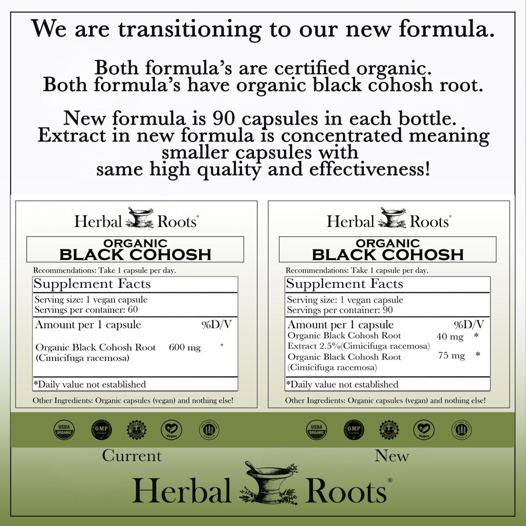 Two black cohosh labels. One showing 600mg of organic Black Cohosh and the other showing 40mg organic black cohosh extract and 75mg organic black cohosh root. Herbal Roots is switching from the 600mg of root powder to the extract.