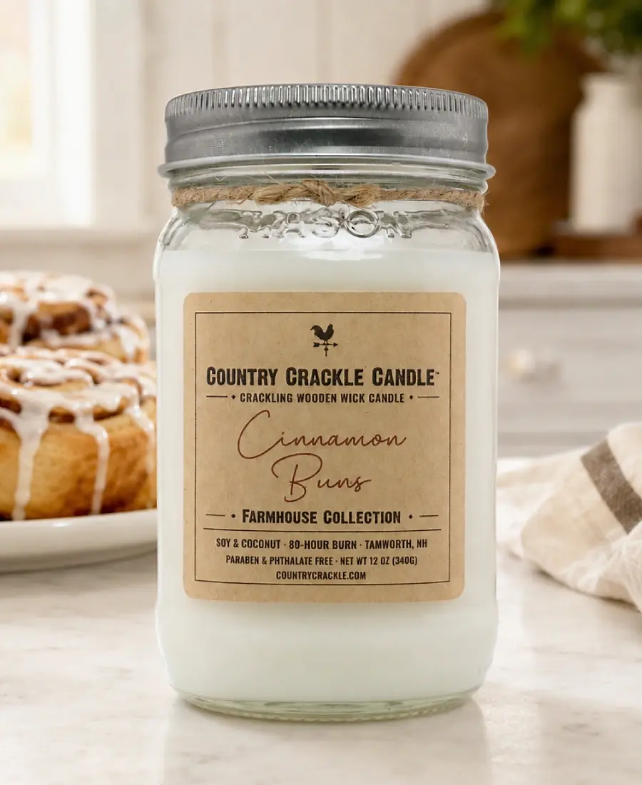 large jar wooden wick soy candle cinnamon buns from country crackle candle