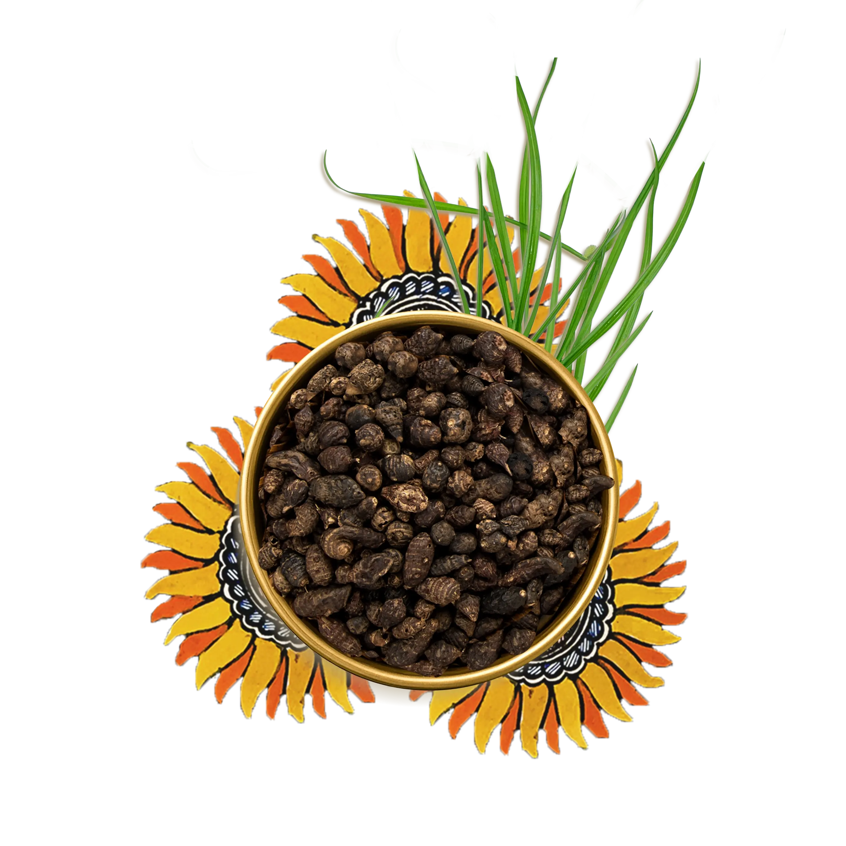 A bowl of nut grass surrounded by floral artworks
