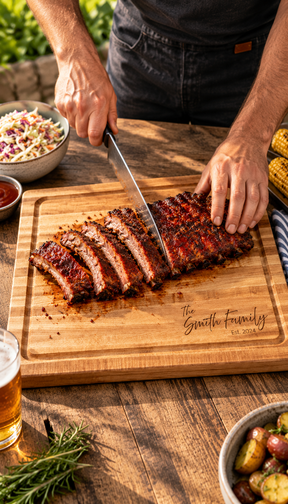 Personalized large maple butcher block wooden cutting board with a juice groove, engraved “The Smith Family Est. 2024,” holding freshly sliced barbecue ribs during an outdoor cookout, with grilled corn, coleslaw, barbecue sauce, herbs, and a rustic table setting.