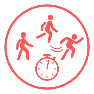 A stopwatch surrounded by three people. One walking, the other jogging and another sprinting.