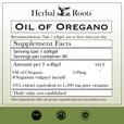 Directions, take 1 softgel, 1-3 times per day. Supplement facts: serving size is 1 softgel, 90 servings per container. Amount per 1 softgel, 150mg oil of oregano, 10 to 1 extract equivalent to 1,500 mg per oregano. Other ingredients: olive oil, gelatin, vegetable glycerin and purified water. Below the supplement facts are three badges. GMP certified, Family Owned business and Tree free paper