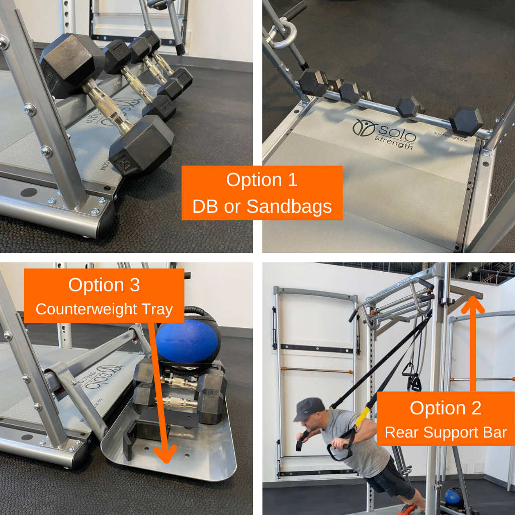 counterweight options for using TRX on freestanding TRX anchor SoloStrength home gym equipment