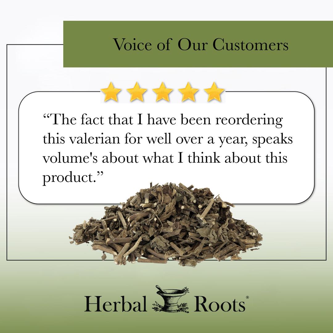 Voice of our customers with 5 stars and a picture of a pile of valerian root. The review says "The fact that I have been reording this valerian for well over a year, speaks volume's about what I think about this product."