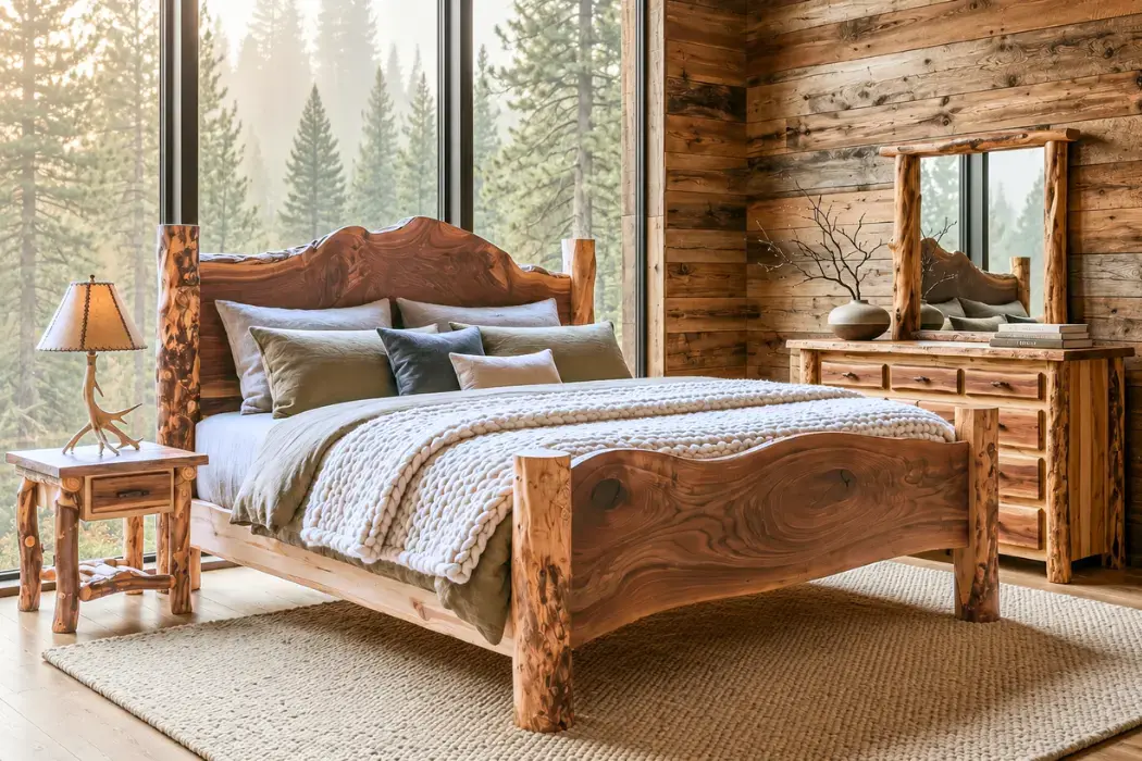 Big Horn Walnut Slab Bed with Aspen Logs