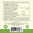 photo of the back of the label for herbal roots ashwagandha showing the nutritional facts. Directions, take 2 capsules per day. Supplement facts: serving size is 2 vegan capsules, 30 servings per container. Amount per 2 vegan capsules, 850 mg Organic ashwandha root, 150 mg ashwagandha extract (2.5% withanolides), 5 mg bioperine black pepper extract. Other ingredients: Vegan capsules and nothing else. No GMOs, soy, gluten, wheat, treenuts, peanuts, sugar, filler or preservatives. Distributed by Elite Source Products, Inc. La Crescenta CA 91214. www.herbalrootssupplements.com Made in the USA