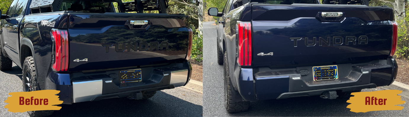 Before and After of Toyota Tundra Chrome Delete Conversion Kit on Rear Bumper
