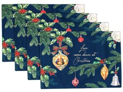 4 placemeats with black background and Christmas ornaments that say "Love came down at Christmas"