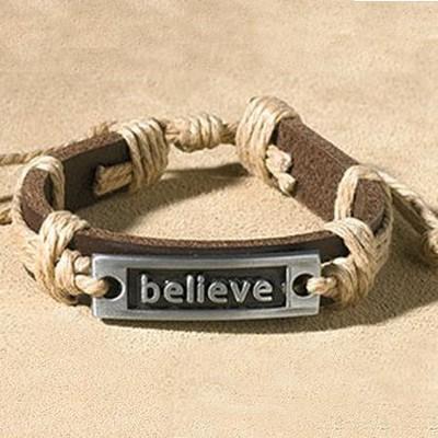 leather and twine rope bracelet with believe written in silver plaque