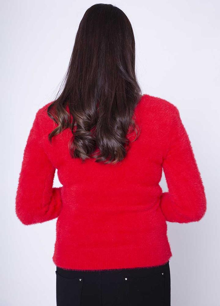 V Neck Fluffy Jumper in Red