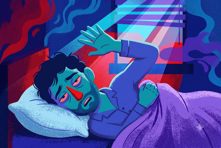 Exhausted shift worker shielding his eyes from daylight while trying to sleep — sleep tips for shift workers.