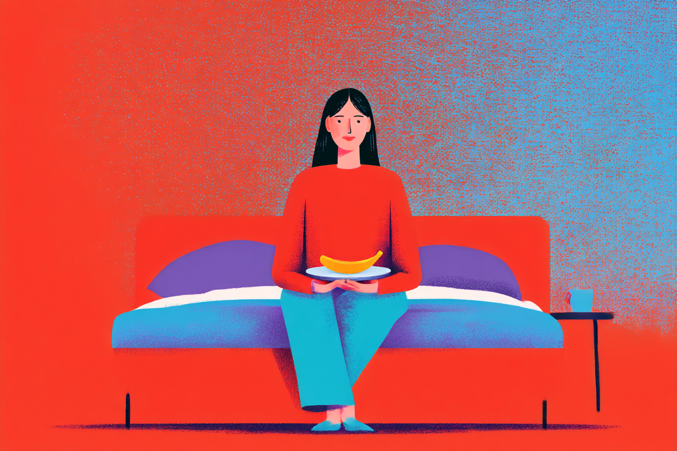 A girl sitting on her bed, holding a plate with a banana on it.