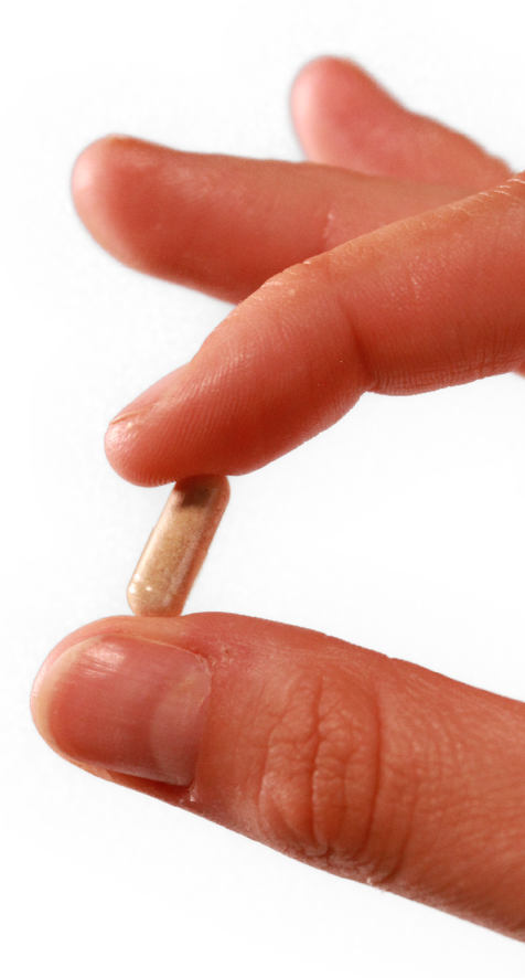 Hand holding a capsule of Raw Desiccated Thyroid
