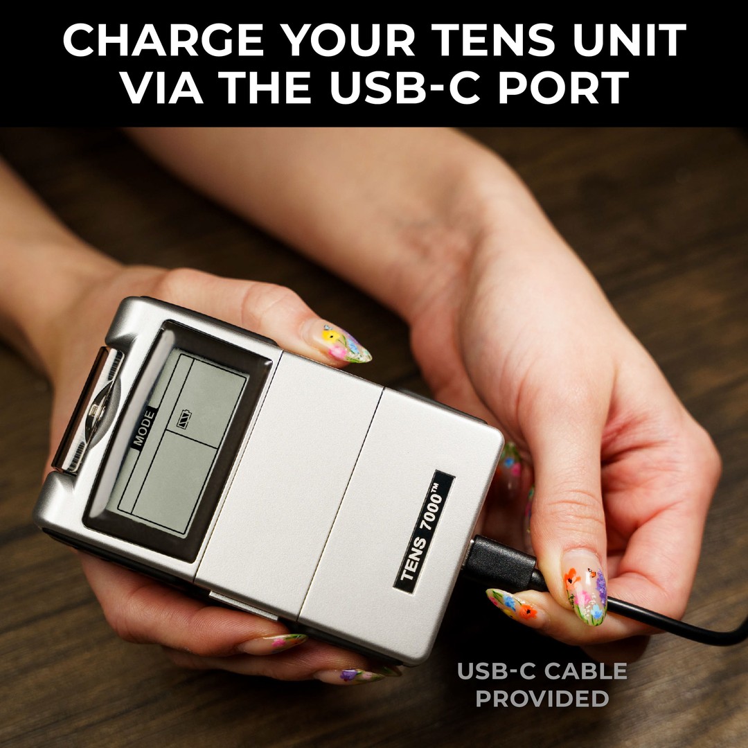 A TENS unit being charged. Text, "Charge your TENS unit via the USB-C port"