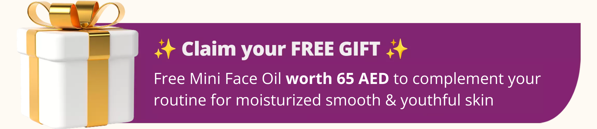 A gift banner stating 'free sample of our bestselling face oil available on this purchase.