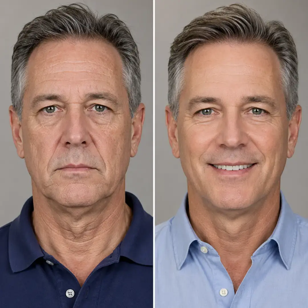before after photo with after photo showing the appearance of healthier looking skin and the appearance of less wrinkles