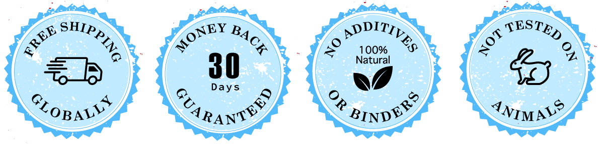 Guarantee badges - Free shipping globally, 30 days money back guaranteed, no additives or binders, 100% natural, and not tested on animals