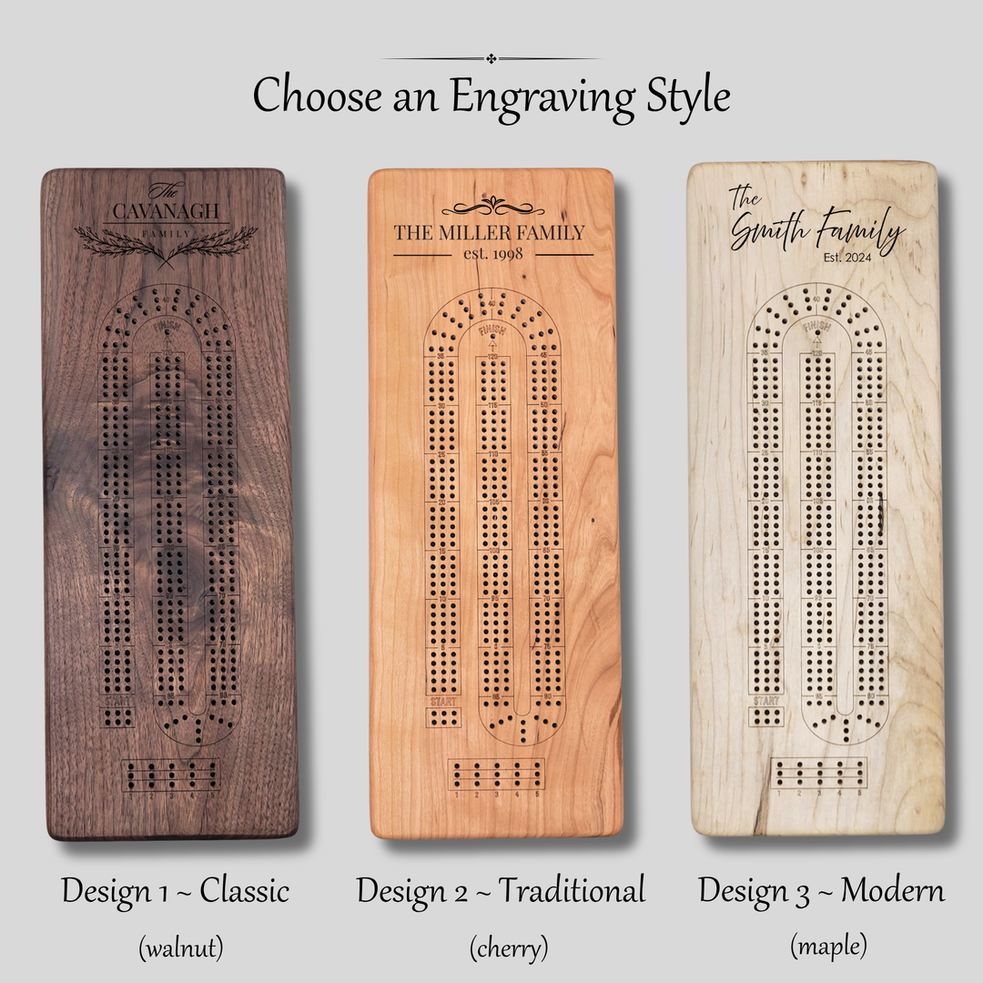 engraved classic cribbage boards showing different personalization styles and custom designs