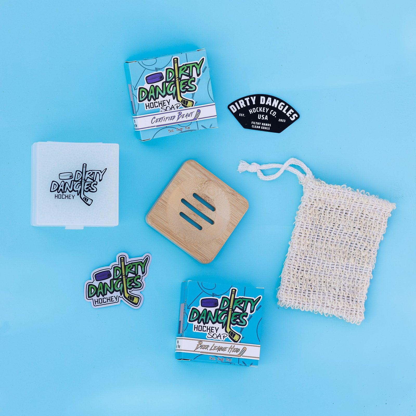hockey soap bar starter bundle open box. 2 soap bars, soap case, soap dish, soap bag and stickers
