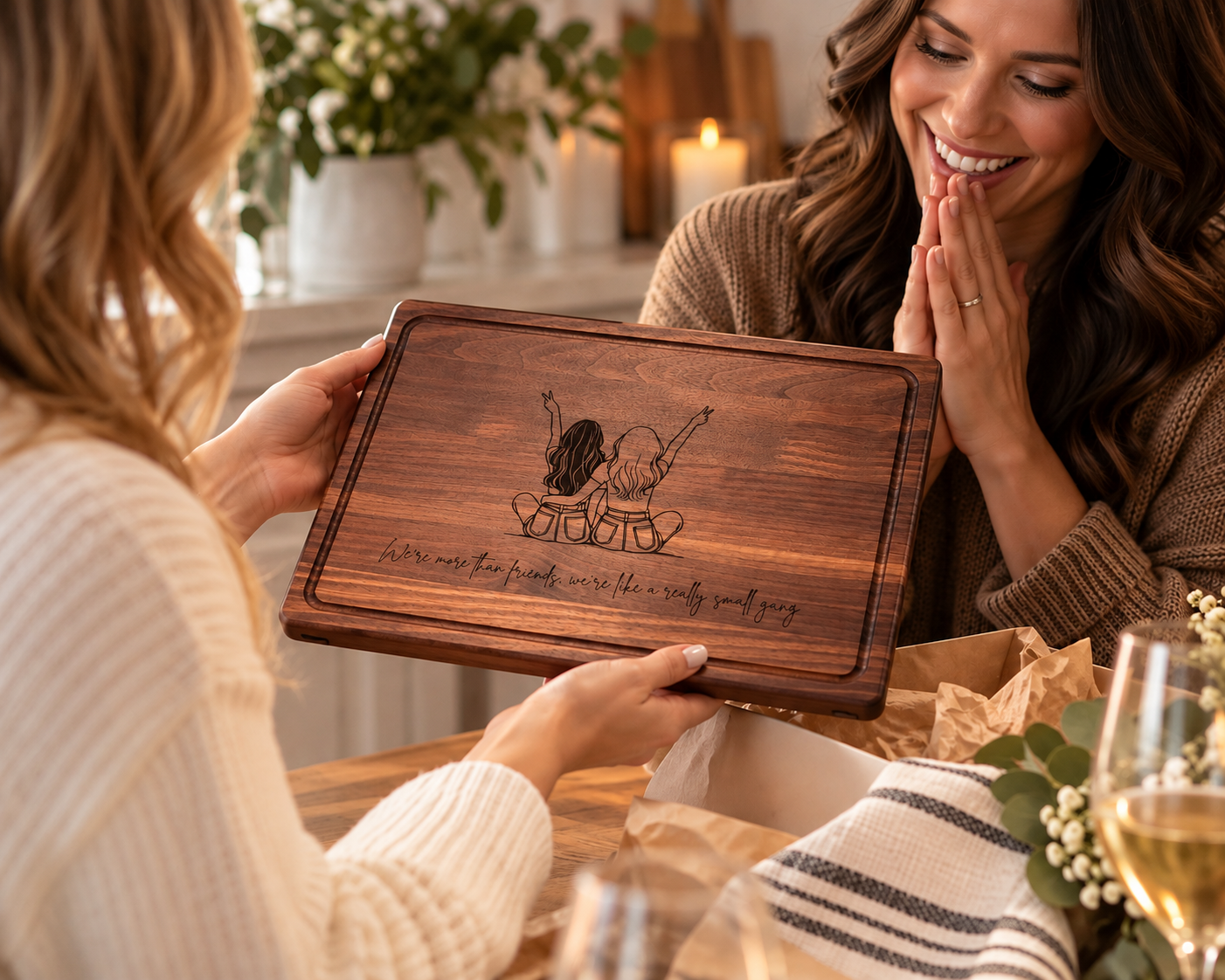 Personalized maple cutting board engraved with UNDERWOOD and the address beneath, presented as a meaningful realtor closing gift for the new homeowners. The large 18 x 12 inch handcrafted wood board features warm natural maple grain, a routed juice groove and custom script engraving. A thoughtful personalized closing or housewarming gift designed for everyday use and lasting memories.