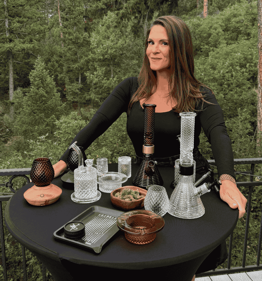Jane West displaying her collaborations with Prism in Amber and Clear MINI Beakers with textured glass. Jane West collection
