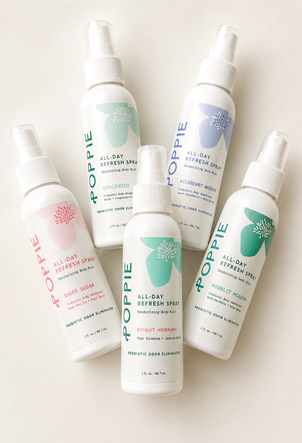 POPPIE All-Day Refresh Spray collection featuring Bright Morning, Sheer Sugar, Wildberry Whisper, Moonlit Meadow, and Unscented.