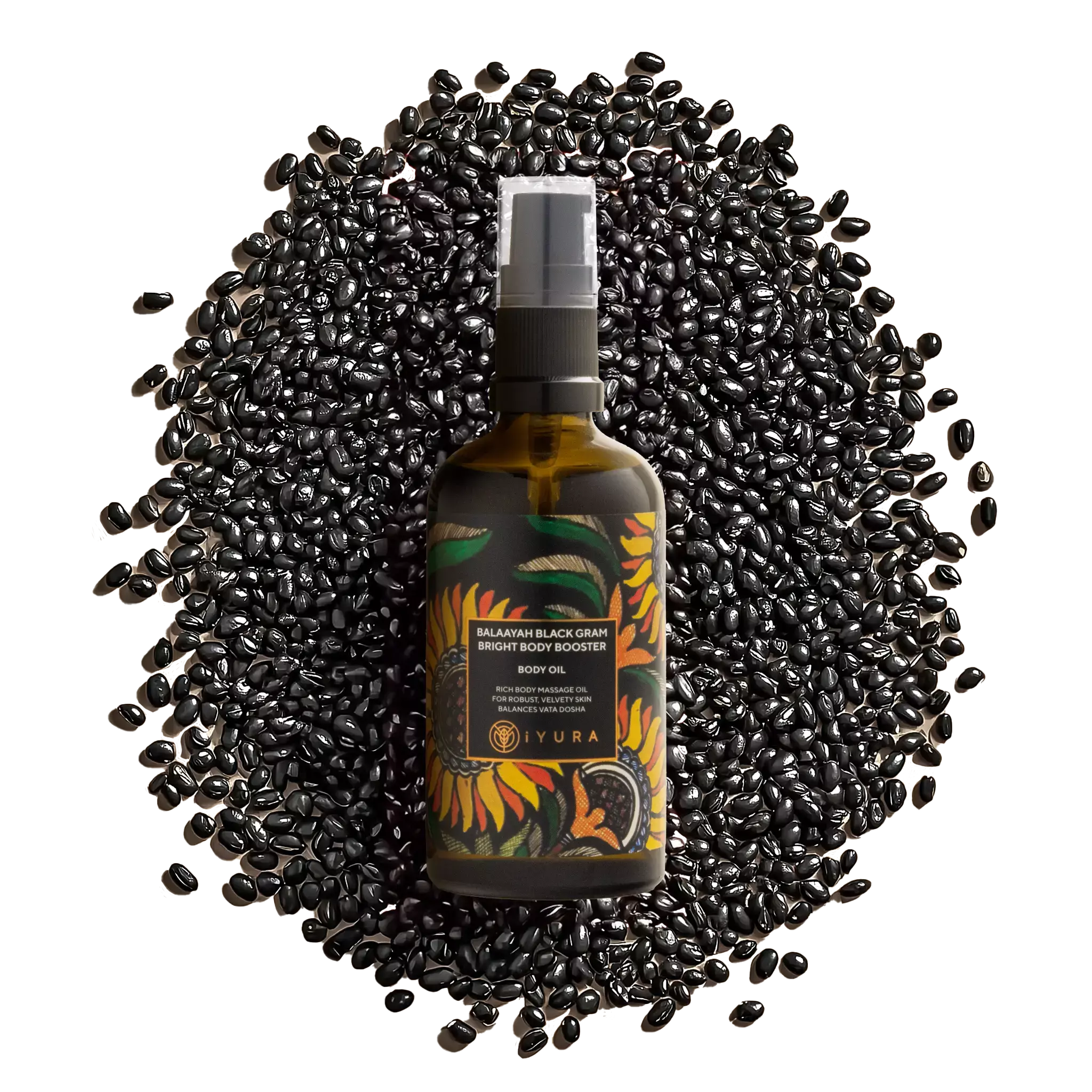 A bottle of Balaayah surrounded by black-grams