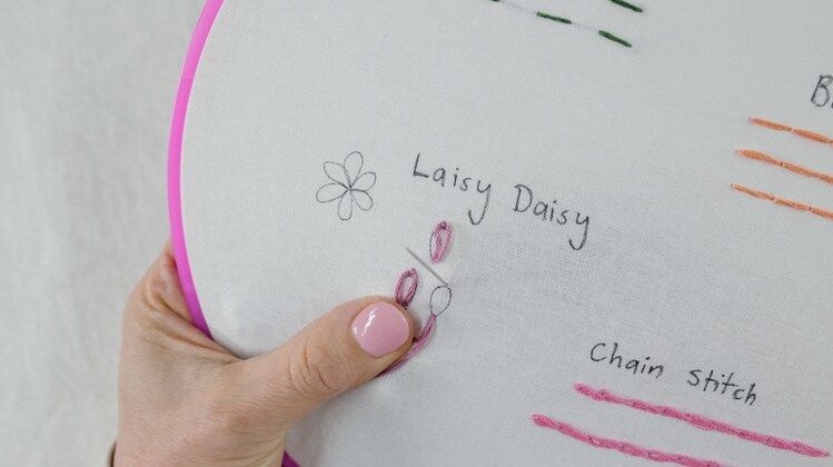 This image shows Step 3 of lazy daisy, bringing the needle up at the far point of the petals.