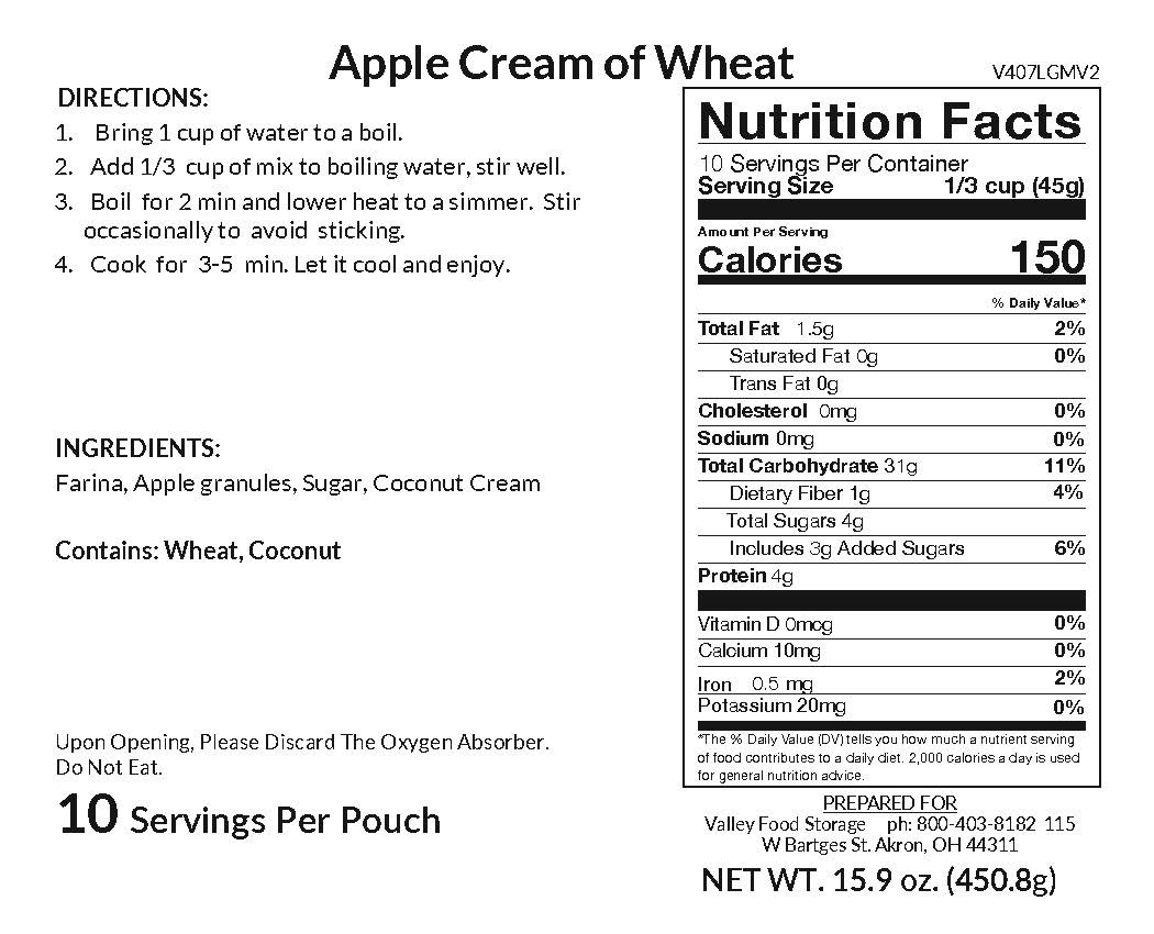 Valley Food Storage Apple Cream of Wheat Long Term Food Storage Nutrition Label