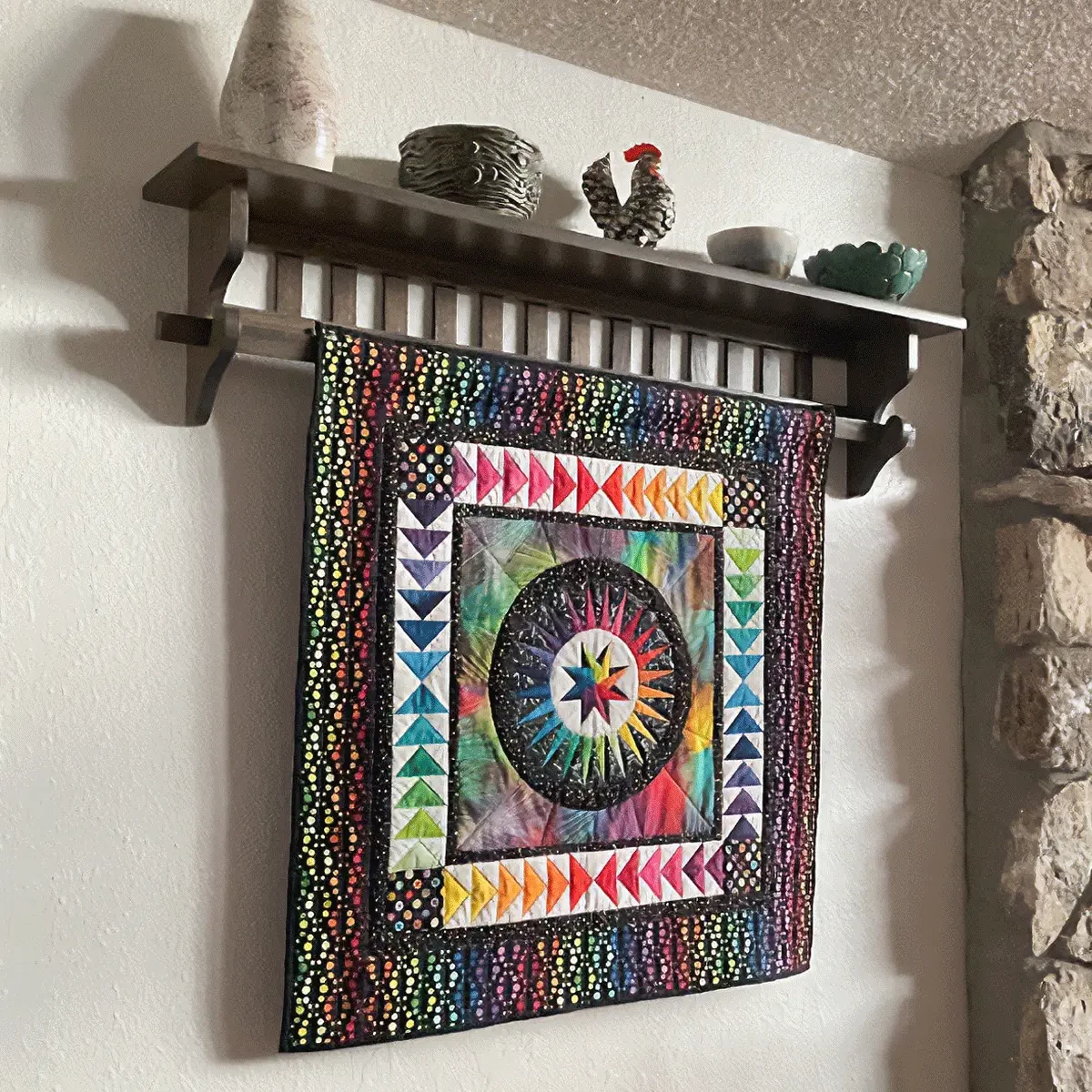 Mission style wood Quilt Hanger Shelf with Rod