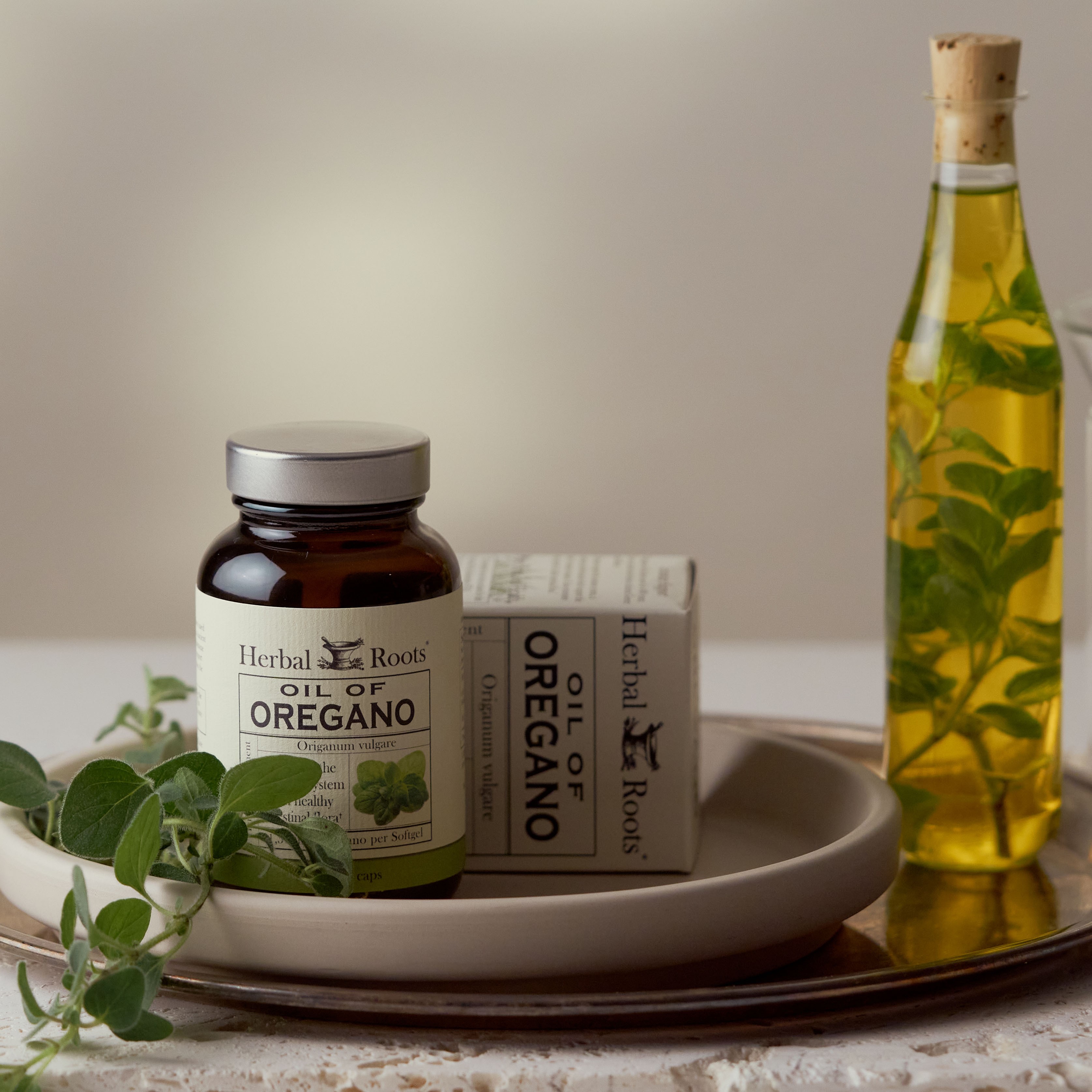 Herbal Roots Oregano oil capsules with fresh oregano and oregano in oil