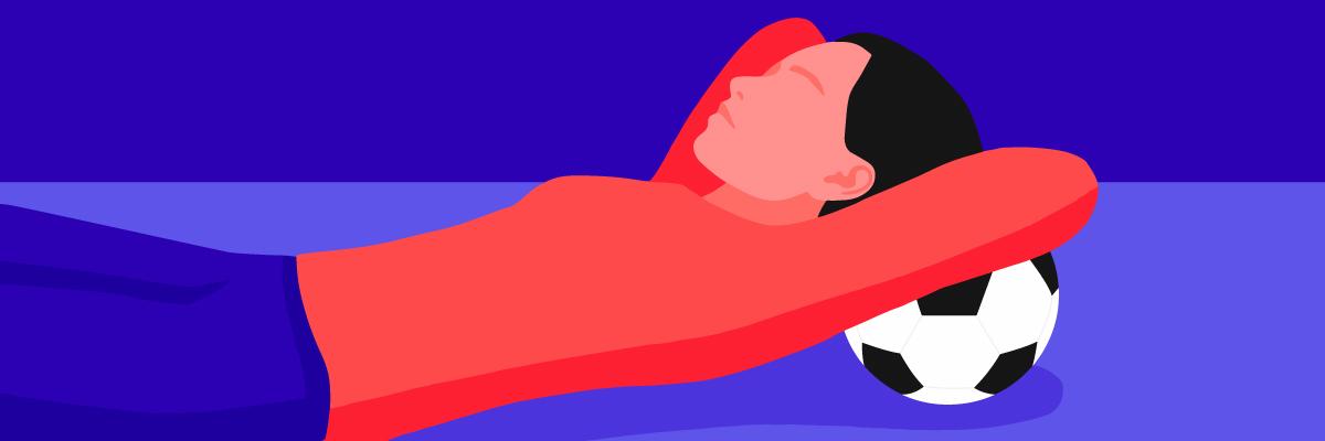A girl lying down on a soccer ball, taking a nap after workout.