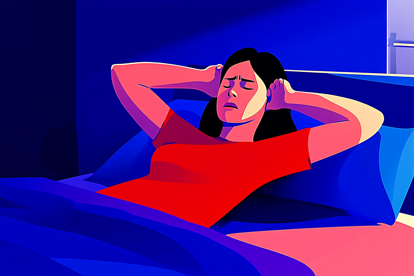 A woman lying in bed, putting her fingers into her ears to block out noise.