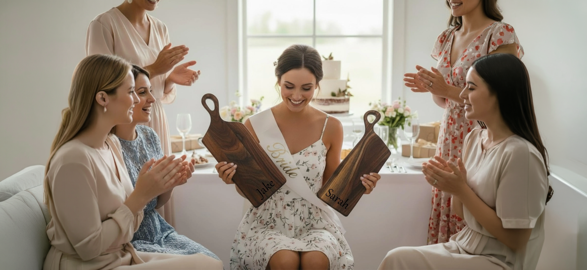 Bride receiving personalized walnut nesting charcuterie boards engraved with names as a wedding gift from friends