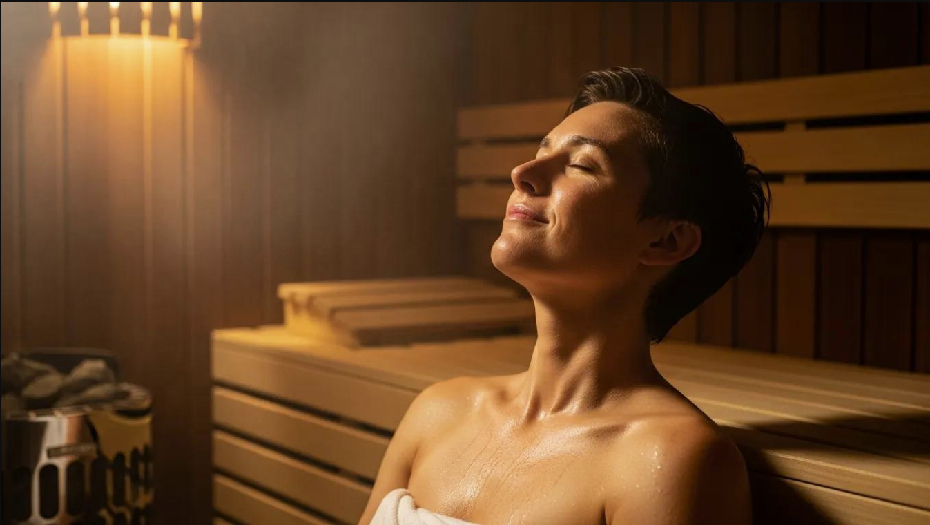 Person relaxing in a dry sauna, illustrating: what are the benefits of a dry sauna