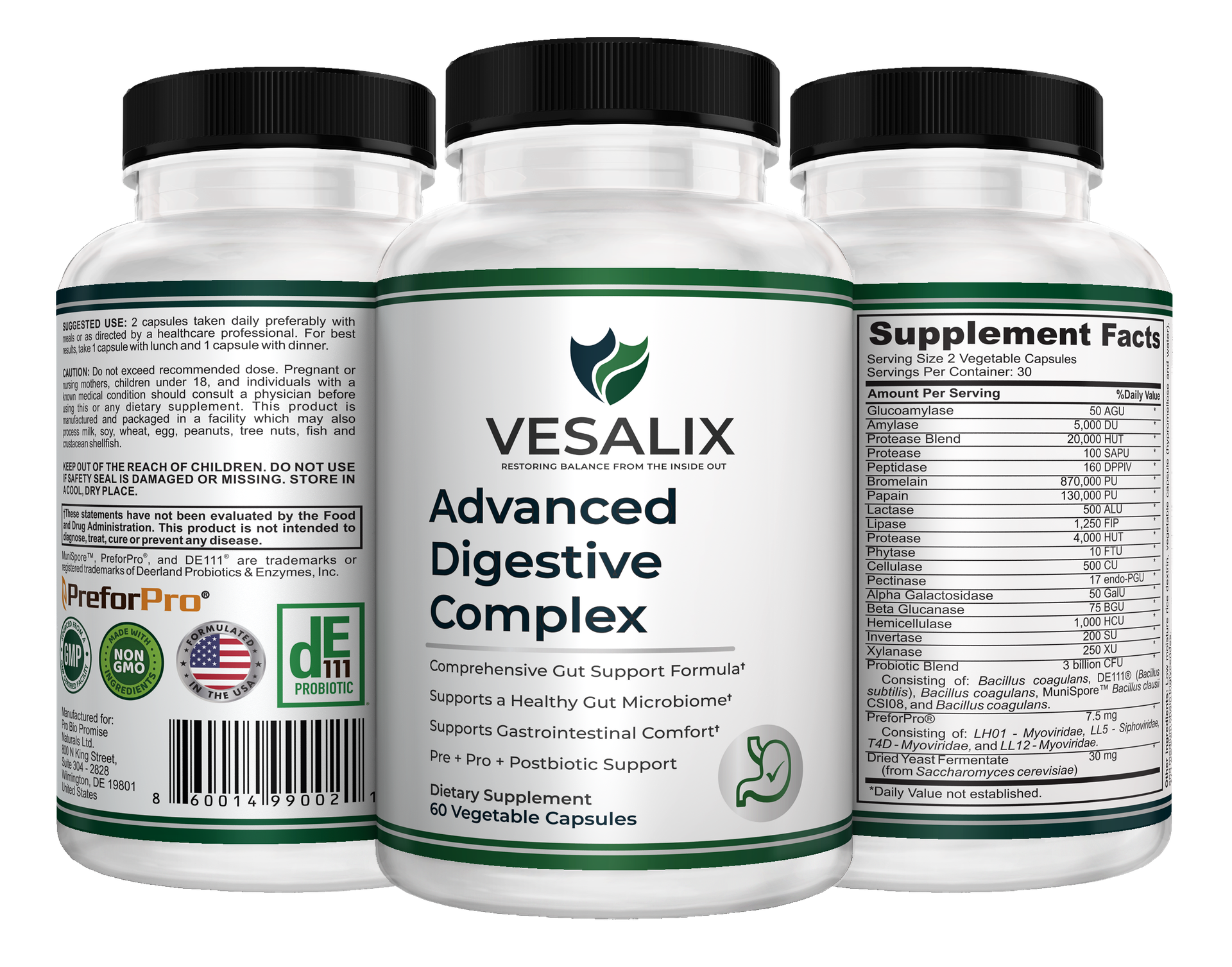 Vesalix Advanced Digestive Complex | Pre & Postbiotic + 18 Enzymes + 3 Billion CFU | PreforPro® & DE111® | Adults 40+ | 60 Capsules