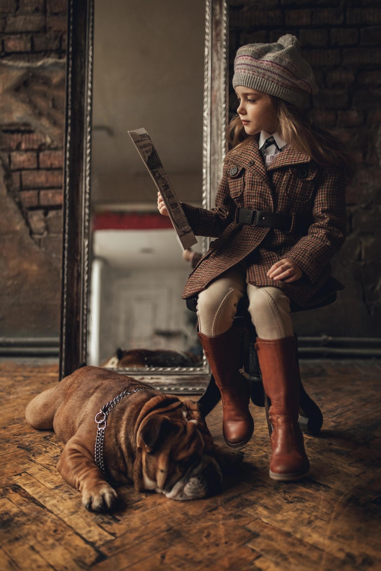 English Bulldog with girl