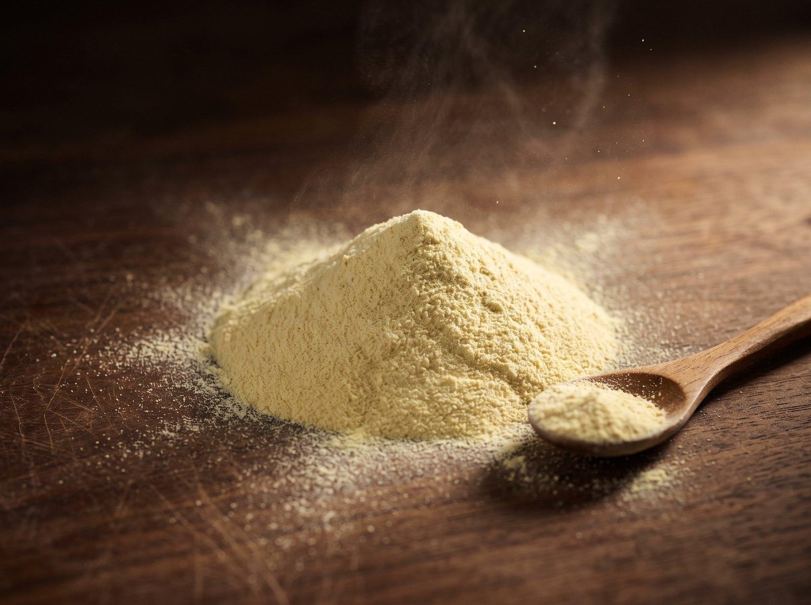 Fine pale yellow cracked cell wall pine pollen powder on a wooden board with a wooden spoon