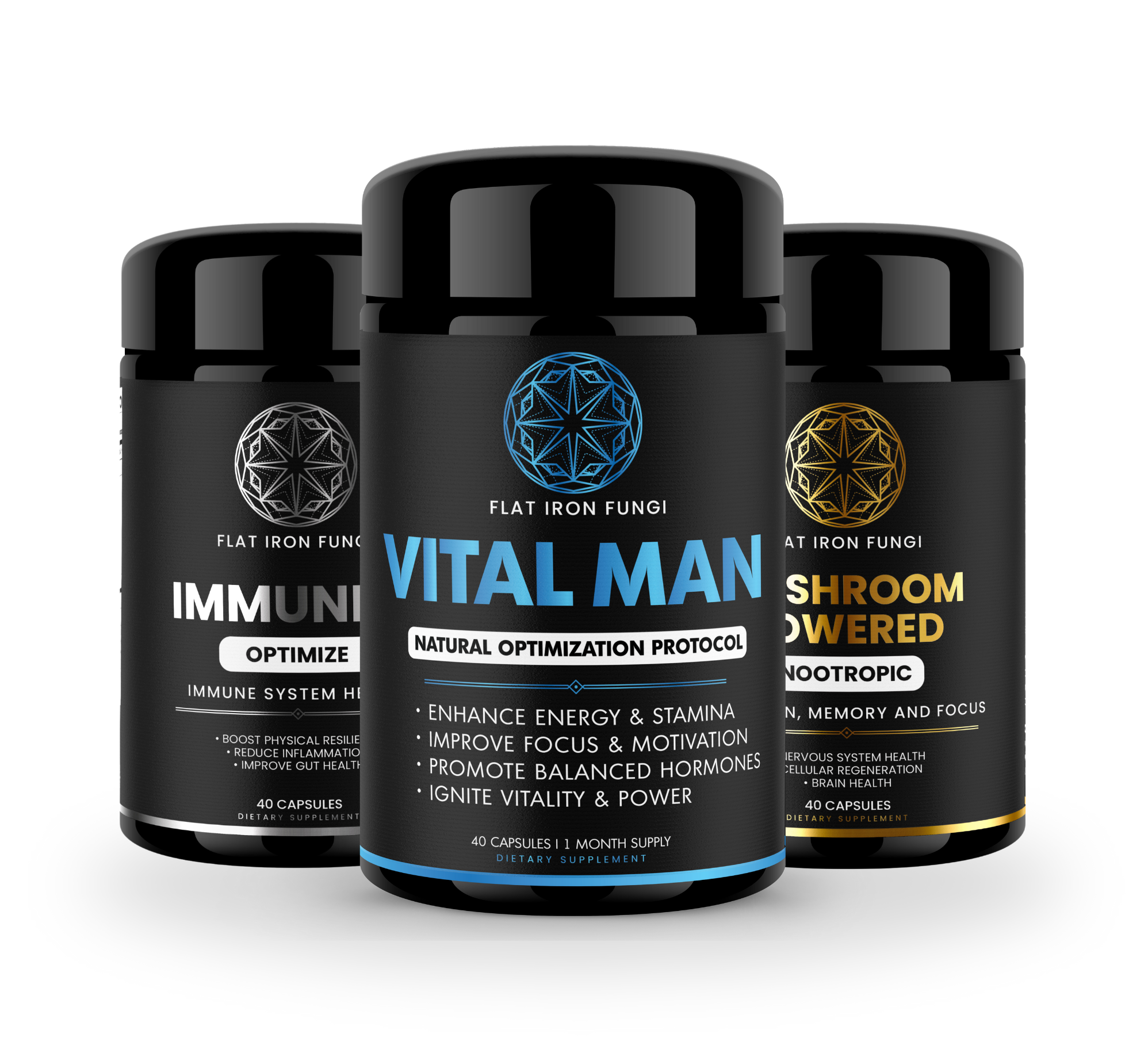 A bottle of Vital Man men’s supplement spilling capsules, highlighting its natural testosterone-boosting formula for enhanced energy, stamina, and peak performance.
