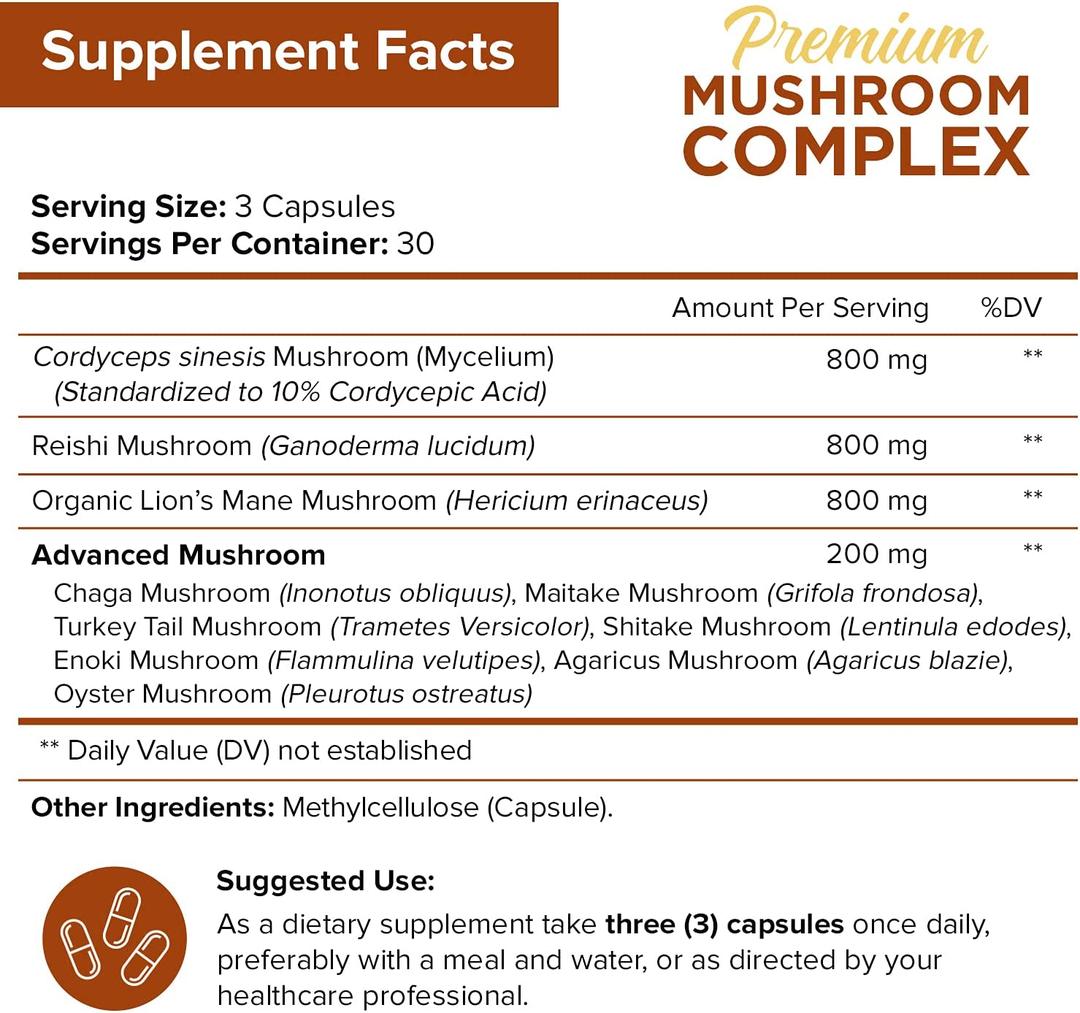 10 Mushroom Complex Supplement 2600 mg - 90 Capsules