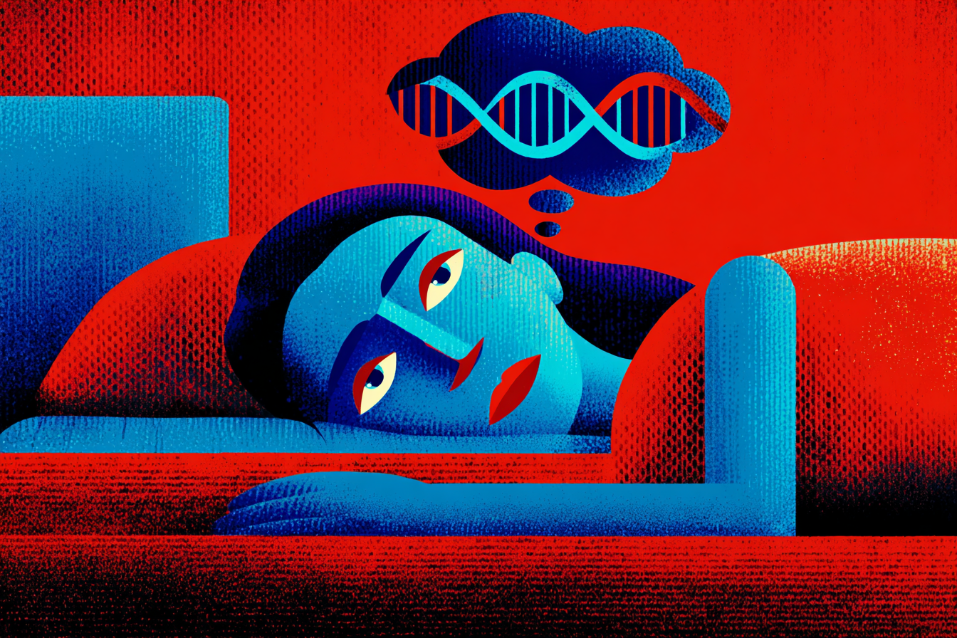 A woman lying down in bed with a DNA double helix in a thought bubble over her head, pondering is insomnia genetic.