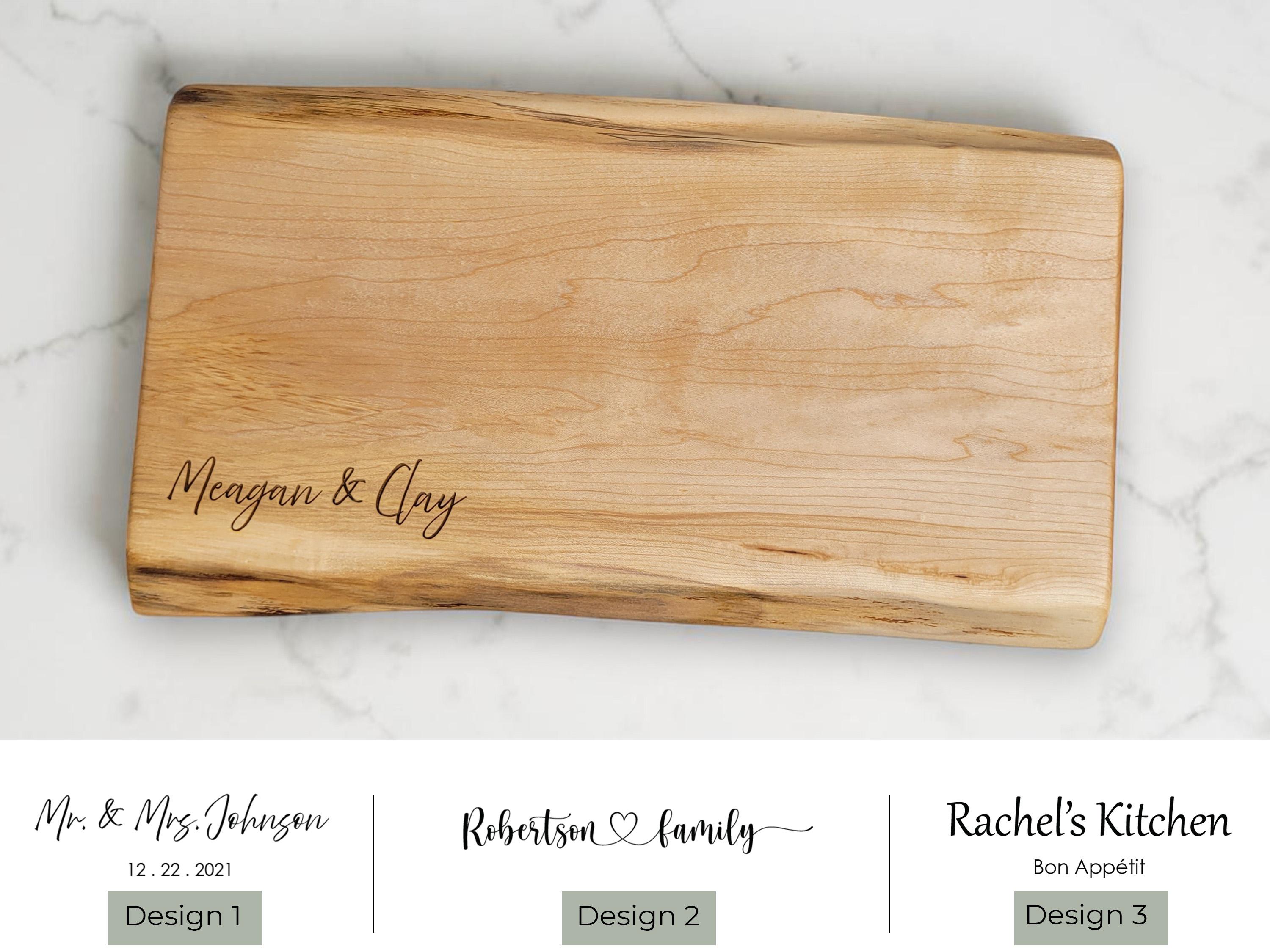 Three engraving style options for personalized live edge maple charcuterie boards