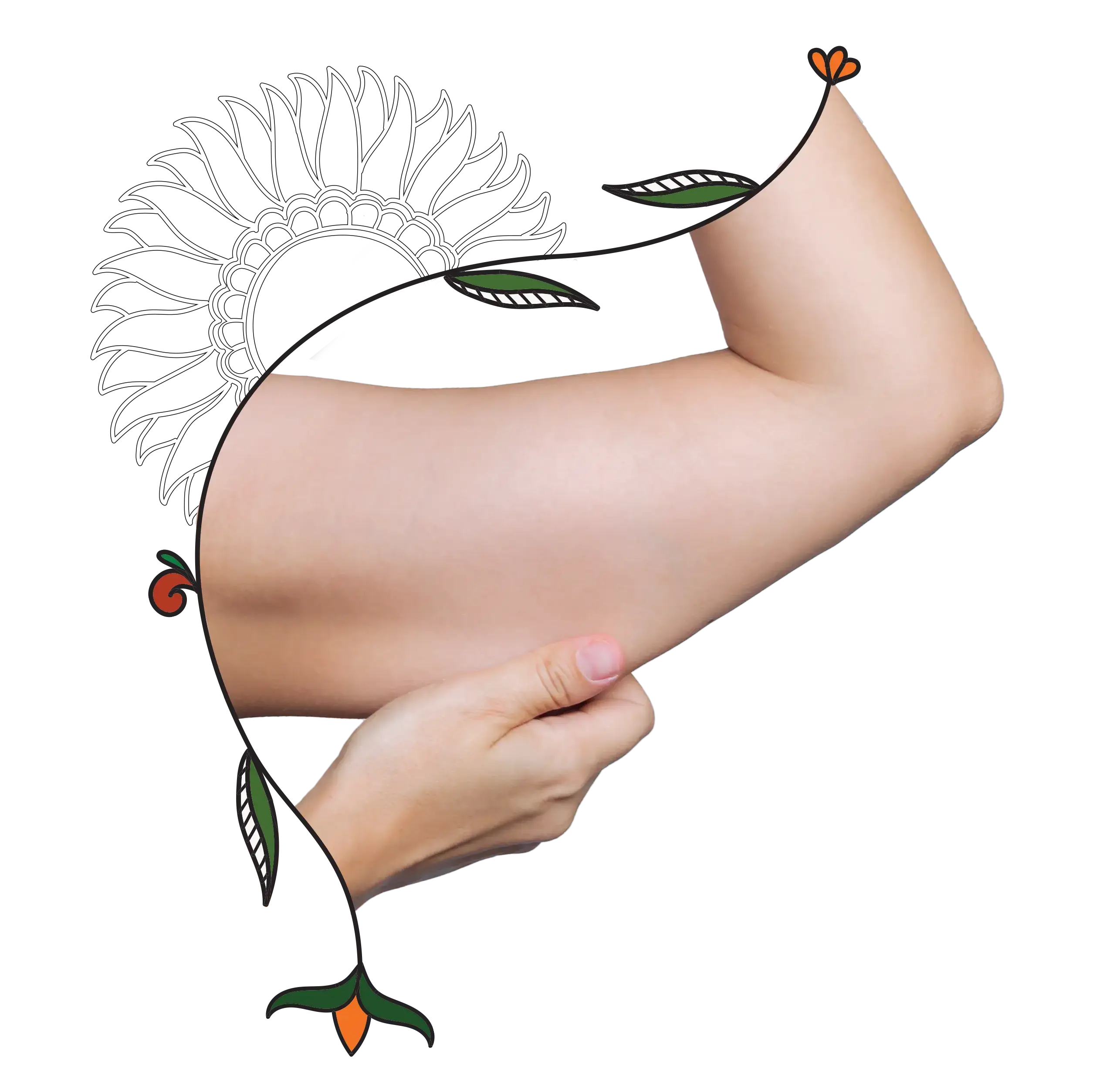 An aesthetic composition of a women's upper arm surrounded by floral artwork