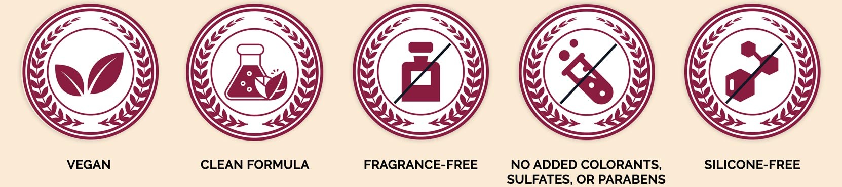 badges for vegan, clean formula, fragrance-free, no added colorants, sulfates, or parabens, and silicon-free